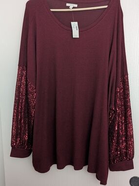 Plus Size Maurices Burgundy Sequin-Sleeve Long Sleeve Top